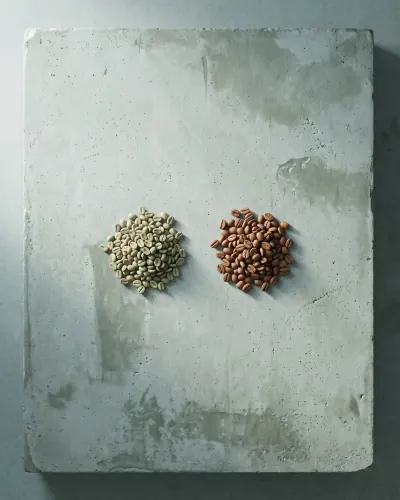 Grano verde y grano tostado del lote de 1.400 metros sobre hormigón claro (imagen generada con IA)