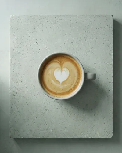 Flat white en taza clara, visto desde arriba sobre hormigón (imagen generada con IA)